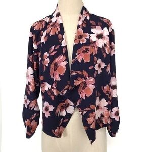 Iris Navy Pink Floral Drape Front Jacket Size XL